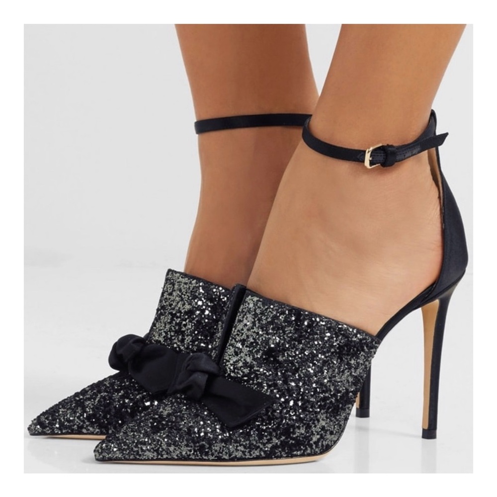 Jimmy Choo Temple Glitter Tuxedo Bow Tie Ankle Strap Pointed Toe Pump Heels 39